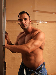 Muscled hunk solo masturbation