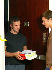 Cute eager boy gets old meat delivered to his door