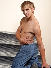 Blond twink Abner shows his big uncut cock