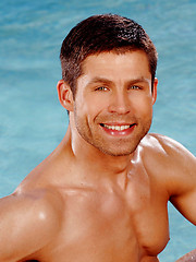 Strong buddy relaxing at pool