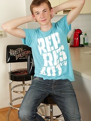 Sexy Tommy Marco masturbating on the kitchen counter.