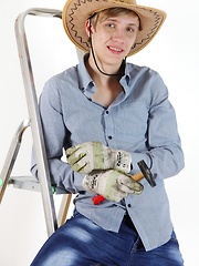 Swen Larson stroking his cock on the ladder.