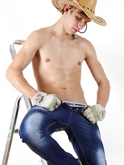 Swen Larson stroking his cock on the ladder.